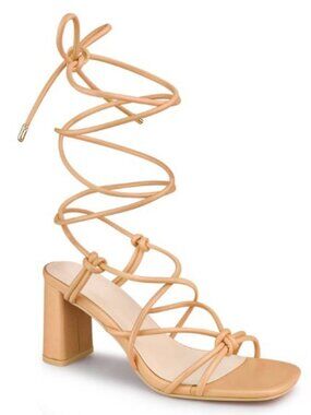 BLISSFUL STEP Square Toe Strappy Lace Up Slingback Block Heel Women Sandals 6